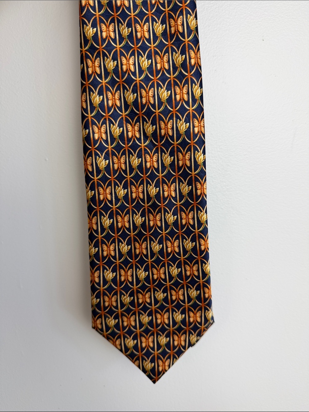 Lanvin Navy Tie with Gold and Orange Butterfly Motif